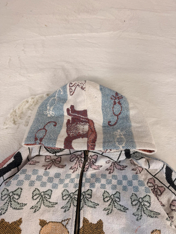 Veste à capuche en tapisserie design unique fait main upcyclé retravaillé et tissé taille L n•919