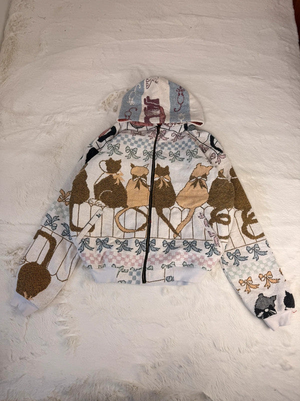 Veste à capuche en tapisserie design unique fait main upcyclé retravaillé et tissé taille L n•919
