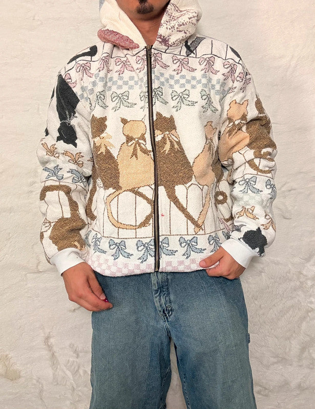 Veste à capuche en tapisserie design unique fait main upcyclé retravaillé et tissé taille L n•919