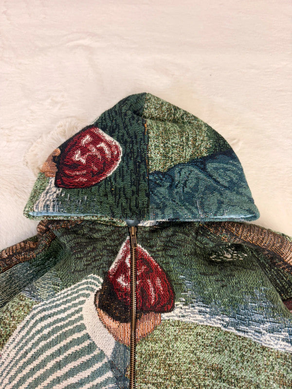 Veste à capuche en tapisserie design unique fait main upcyclé retravaillé et tissé taille M n•920