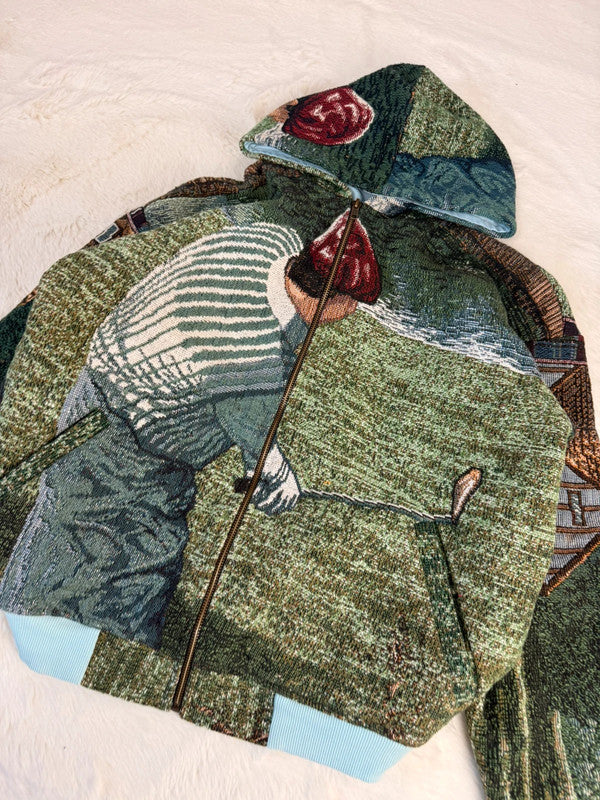 Veste à capuche en tapisserie design unique fait main upcyclé retravaillé et tissé taille M n•920