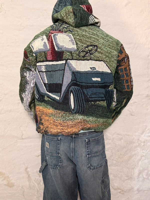Veste à capuche en tapisserie design unique fait main upcyclé retravaillé et tissé taille M n•920
