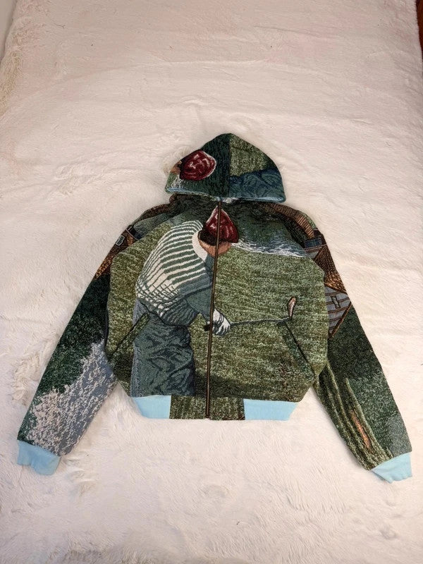 Veste à capuche en tapisserie design unique fait main upcyclé retravaillé et tissé taille M n•920