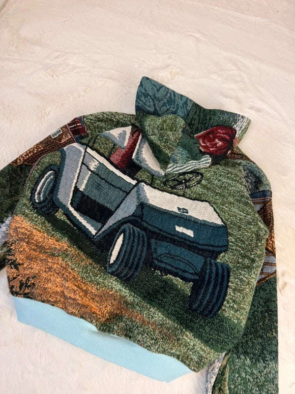 Veste à capuche en tapisserie design unique fait main upcyclé retravaillé et tissé taille M n•920