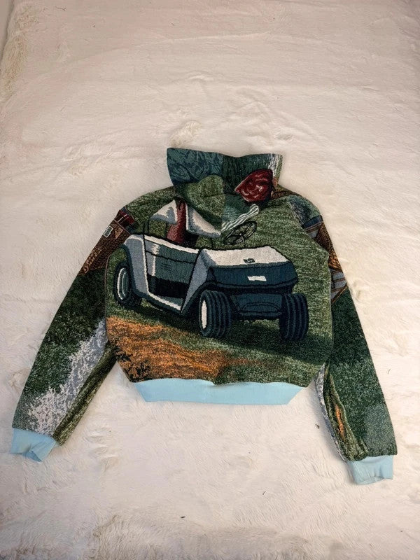 Veste à capuche en tapisserie design unique fait main upcyclé retravaillé et tissé taille M n•920