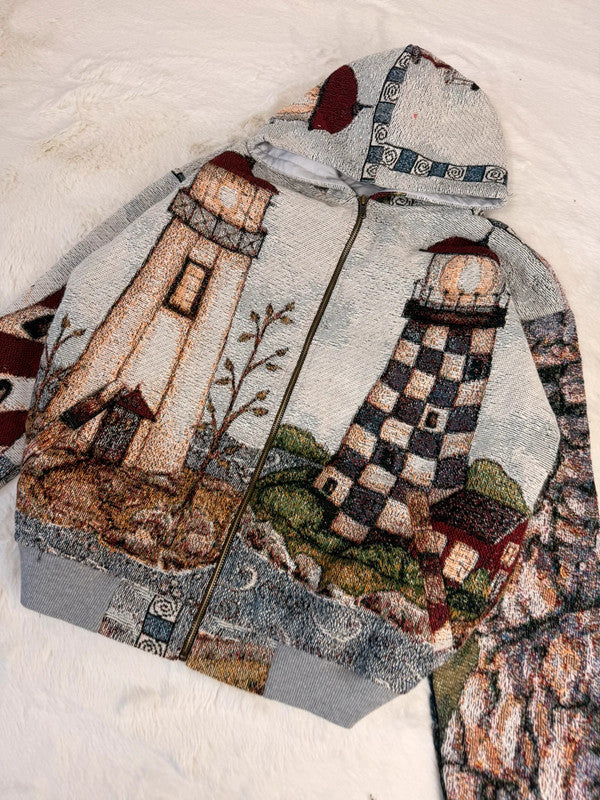 Veste à capuche en tapisserie design unique fait main upcyclé retravaillé et tissé taille M n•921