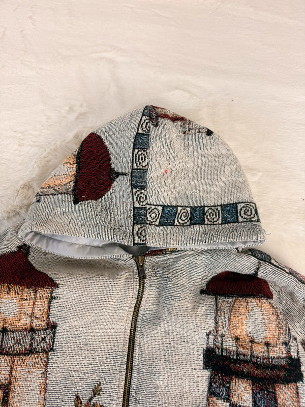 Veste à capuche en tapisserie design unique fait main upcyclé retravaillé et tissé taille M n•921