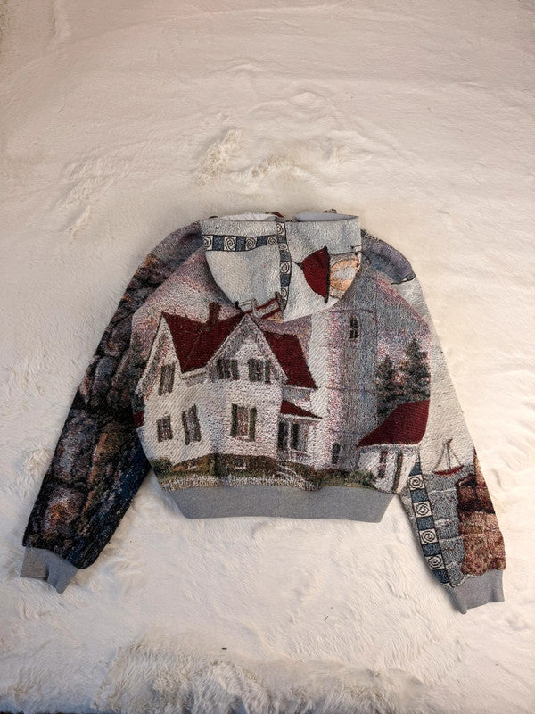 Veste à capuche en tapisserie design unique fait main upcyclé retravaillé et tissé taille M n•921