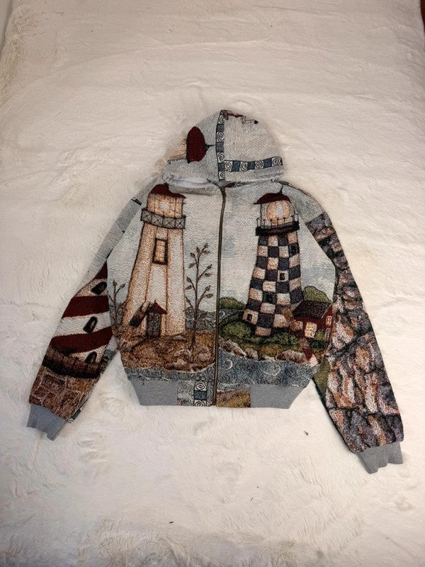 Veste à capuche en tapisserie design unique fait main upcyclé retravaillé et tissé taille M n•921