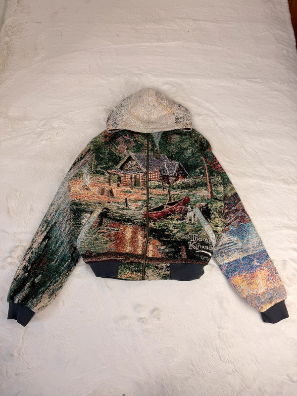 Veste à capuche en tapisserie design unique fait main upcyclé retravaillé et tissé taille M n•922