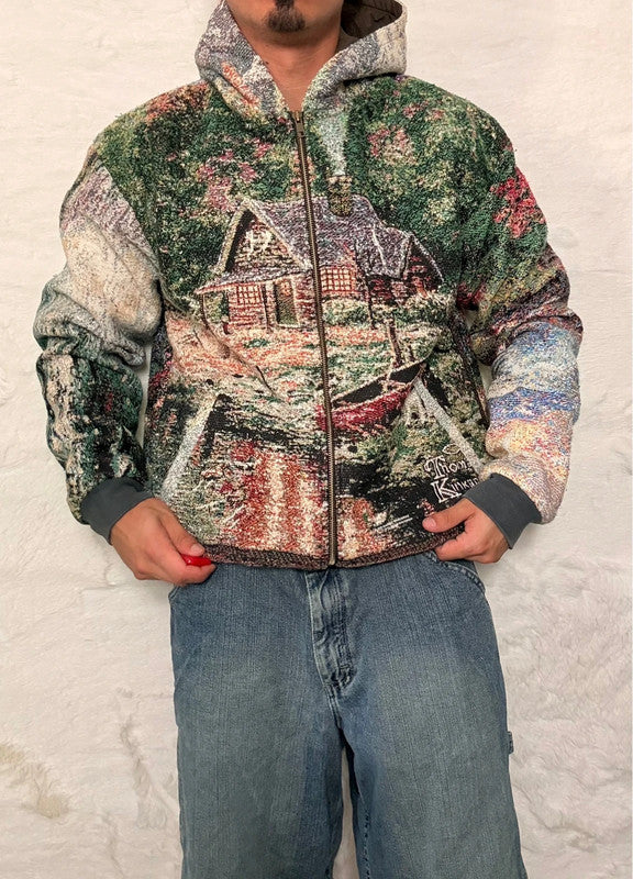 Veste à capuche en tapisserie design unique fait main upcyclé retravaillé et tissé taille M n•922