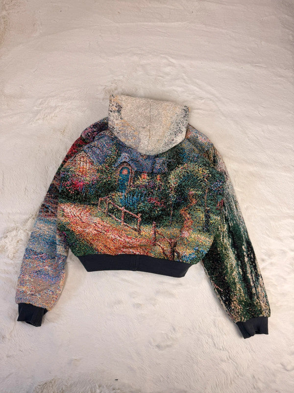 Veste à capuche en tapisserie design unique fait main upcyclé retravaillé et tissé taille M n•922
