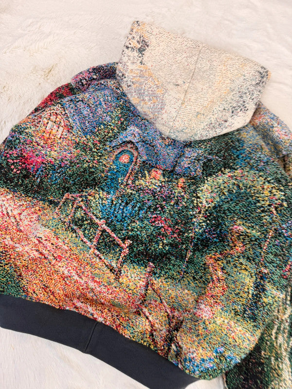 Veste à capuche en tapisserie design unique fait main upcyclé retravaillé et tissé taille M n•922