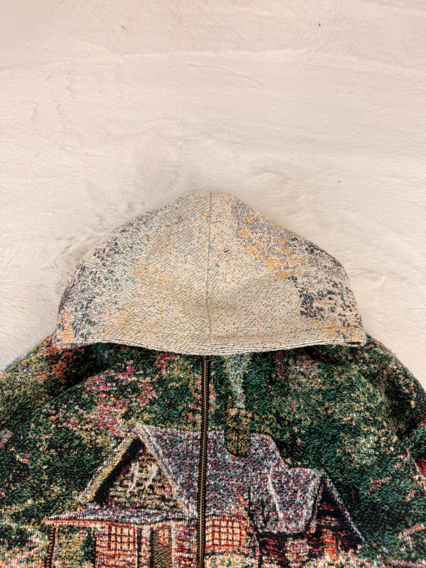 Veste à capuche en tapisserie design unique fait main upcyclé retravaillé et tissé taille M n•922