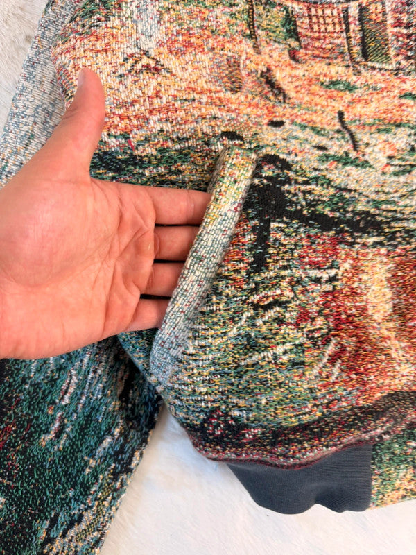 Veste à capuche en tapisserie design unique fait main upcyclé retravaillé et tissé taille M n•922
