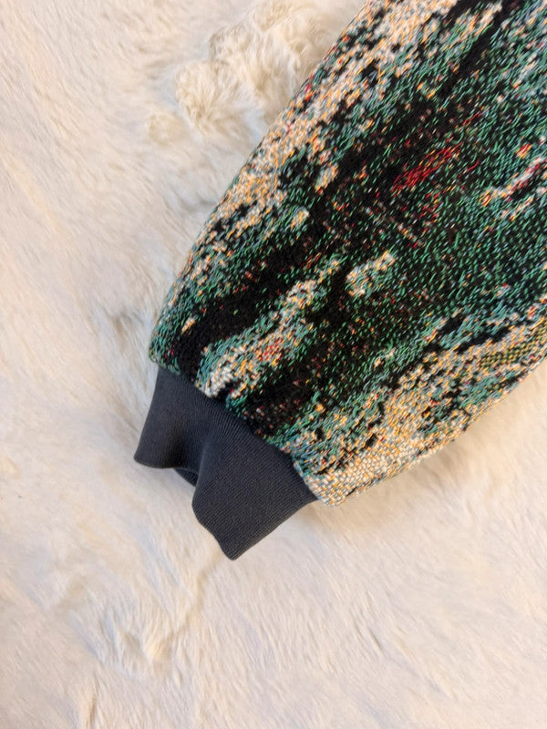 Veste à capuche en tapisserie design unique fait main upcyclé retravaillé et tissé taille M n•922