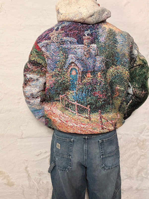 Veste à capuche en tapisserie design unique fait main upcyclé retravaillé et tissé taille M n•922