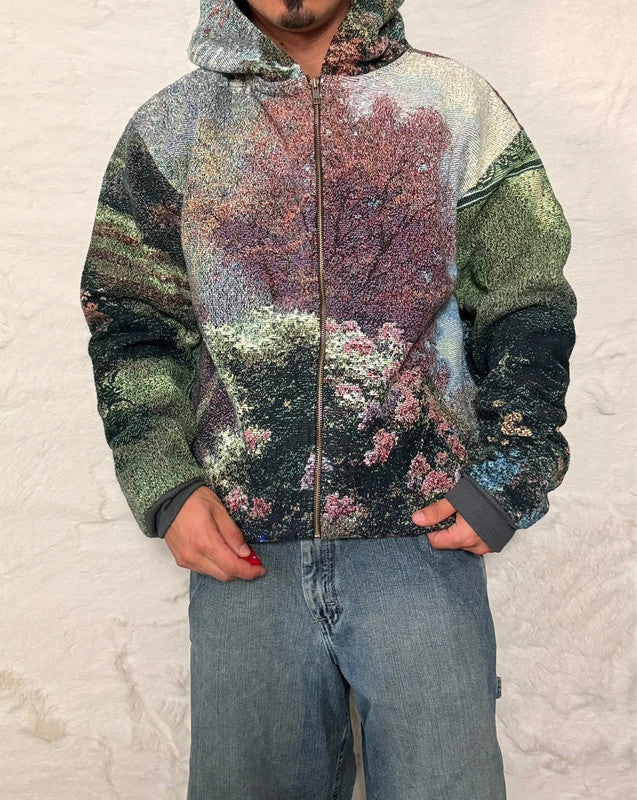 Veste à capuche en tapisserie design unique fait main upcyclé retravaillé et tissé taille L n•923