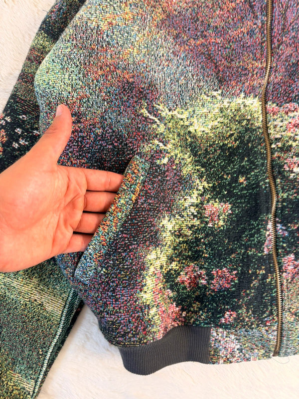 Veste à capuche en tapisserie design unique fait main upcyclé retravaillé et tissé taille L n•923