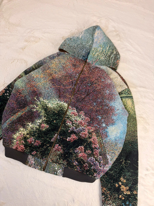 Veste à capuche en tapisserie design unique fait main upcyclé retravaillé et tissé taille L n•923