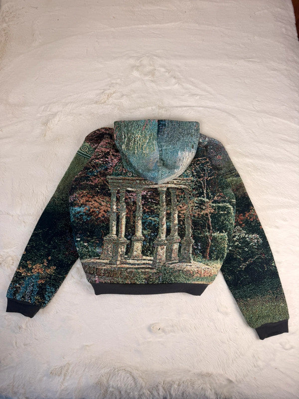 Veste à capuche en tapisserie design unique fait main upcyclé retravaillé et tissé taille L n•923