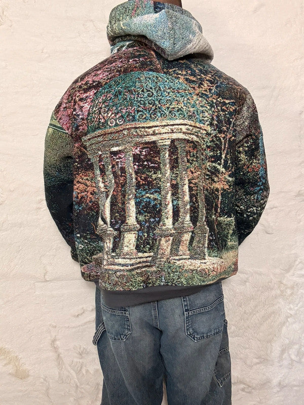 Veste à capuche en tapisserie design unique fait main upcyclé retravaillé et tissé taille L n•923