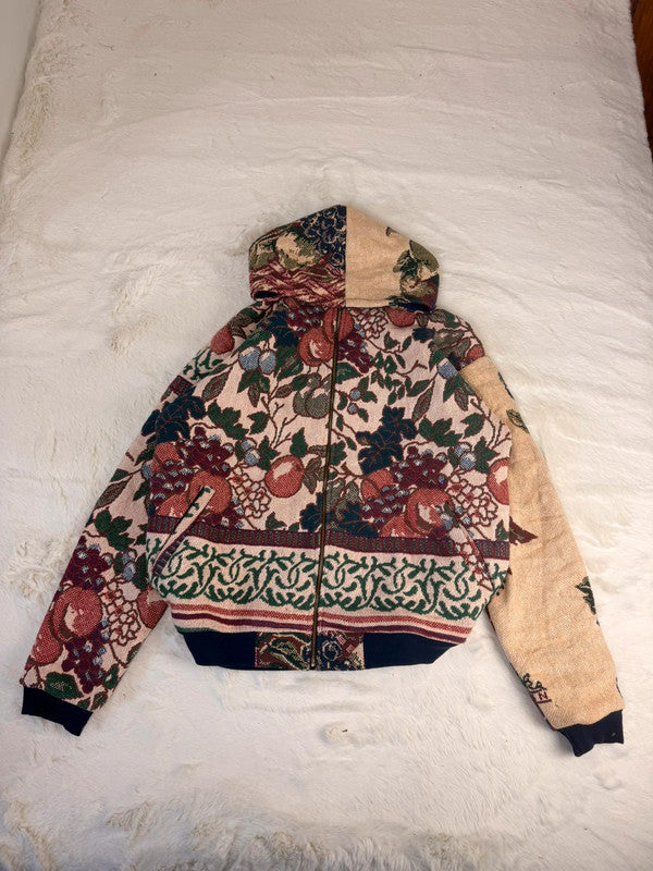Veste à capuche en tapisserie design unique fait main upcyclé retravaillé et tissé taille XL n•924