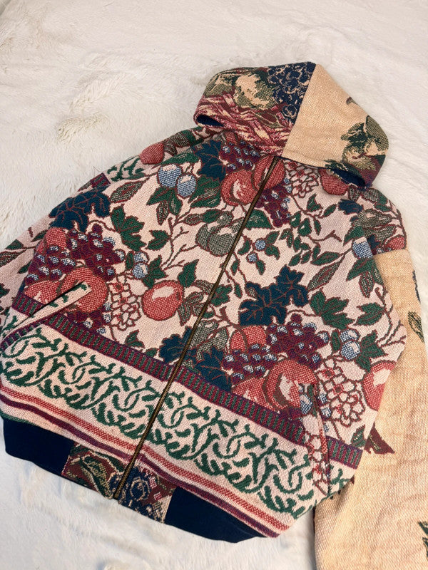 Veste à capuche en tapisserie design unique fait main upcyclé retravaillé et tissé taille XL n•924