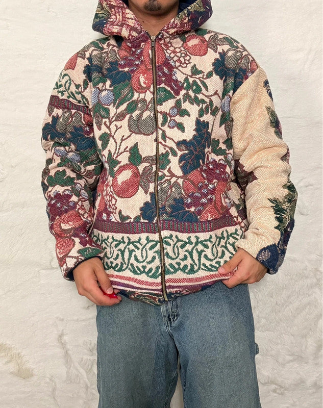Veste à capuche en tapisserie design unique fait main upcyclé retravaillé et tissé taille XL n•924