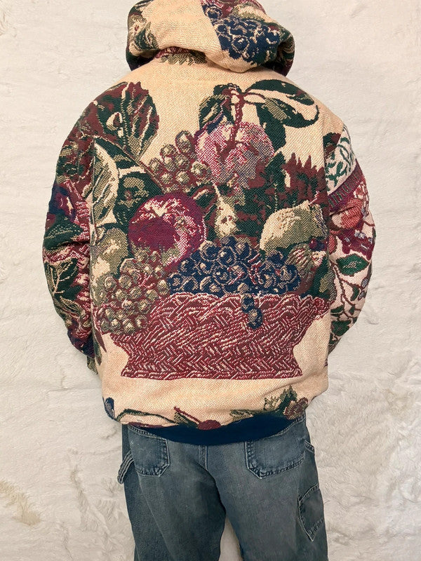 Veste à capuche en tapisserie design unique fait main upcyclé retravaillé et tissé taille XL n•924