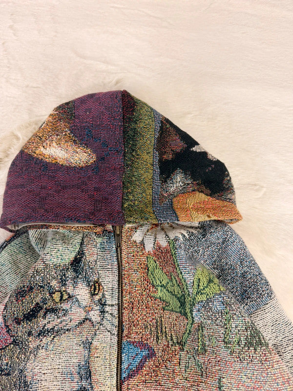 Veste à capuche en tapisserie design unique fait main upcyclé retravaillé et tissé taille S n•925