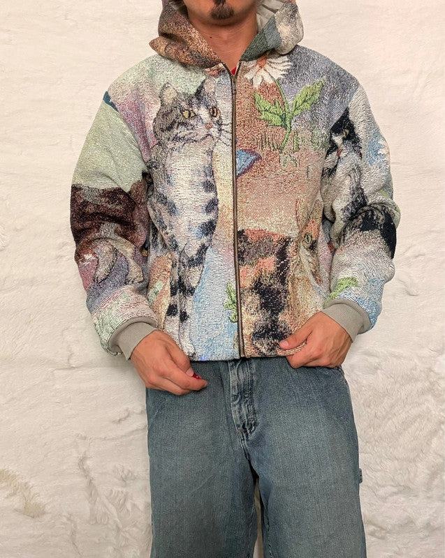 Veste à capuche en tapisserie design unique fait main upcyclé retravaillé et tissé taille S n•925
