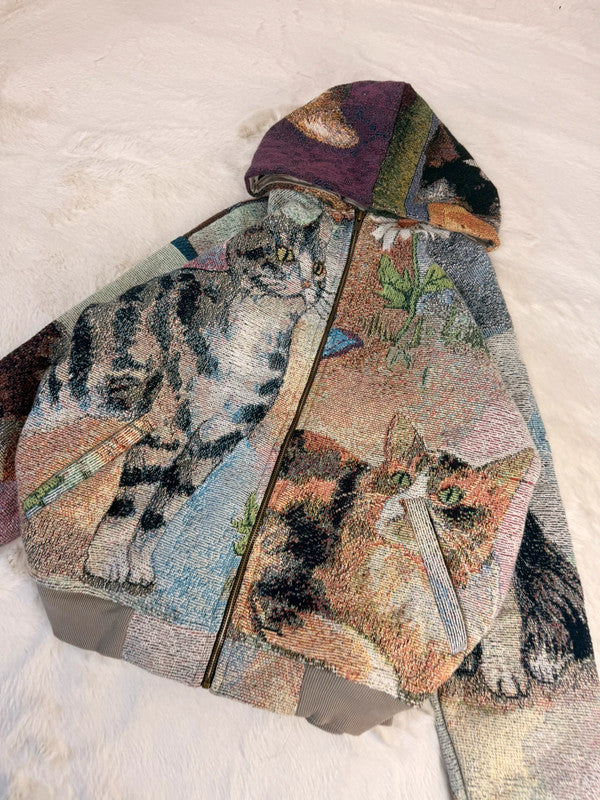 Veste à capuche en tapisserie design unique fait main upcyclé retravaillé et tissé taille S n•925