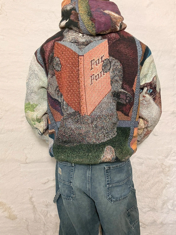 Veste à capuche en tapisserie design unique fait main upcyclé retravaillé et tissé taille S n•925