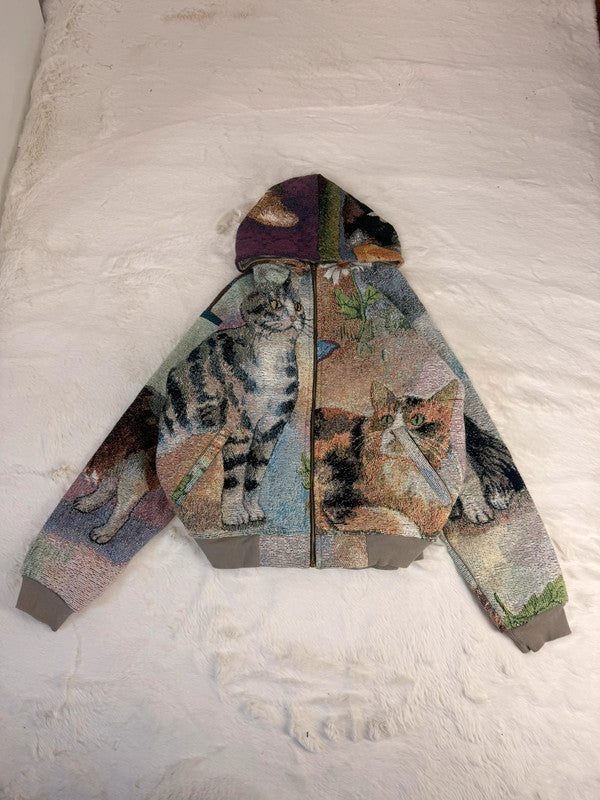 Veste à capuche en tapisserie design unique fait main upcyclé retravaillé et tissé taille S n•925