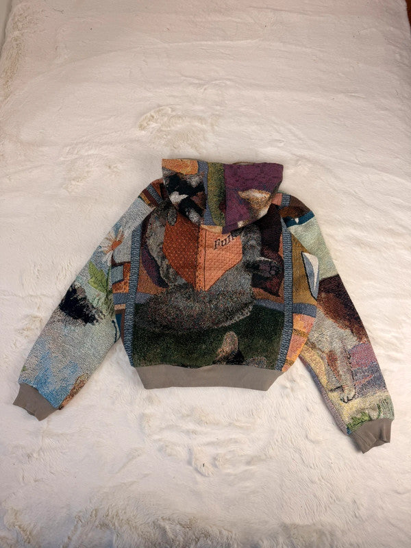 Veste à capuche en tapisserie design unique fait main upcyclé retravaillé et tissé taille S n•925