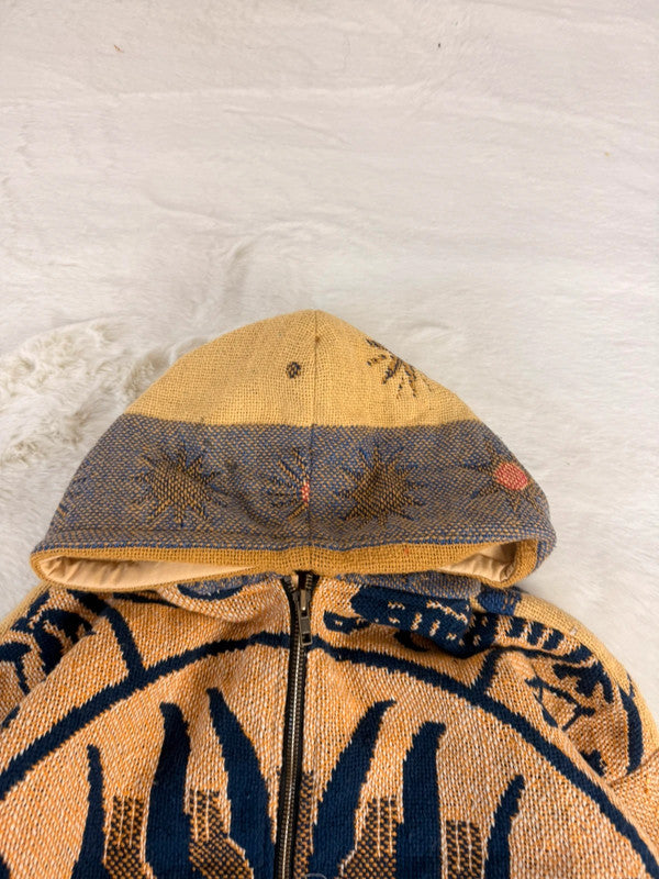 Veste à capuche en tapisserie design unique fait main upcyclé retravaillé et tissé taille XS n•926