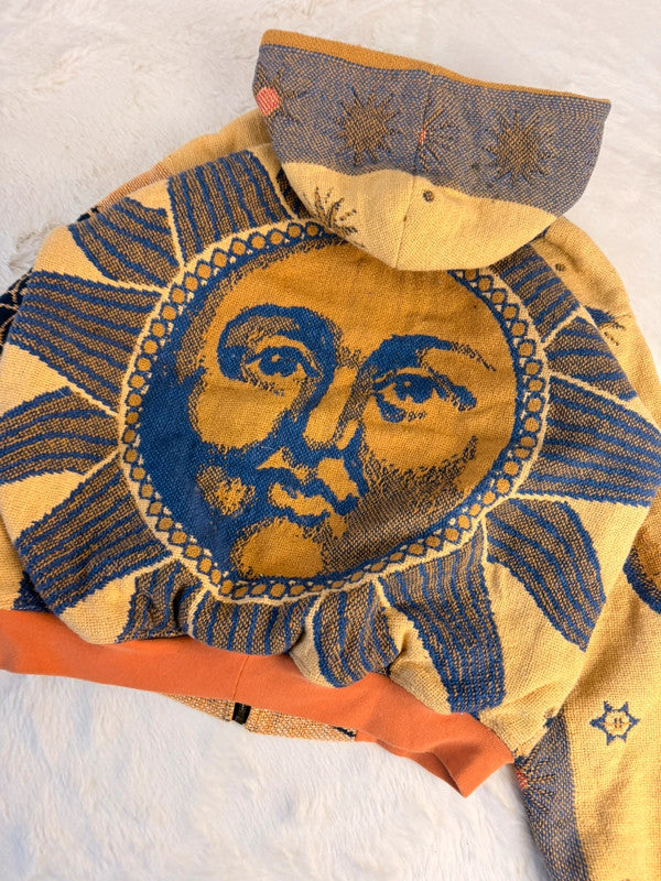 Veste à capuche en tapisserie design unique fait main upcyclé retravaillé et tissé taille XS n•926