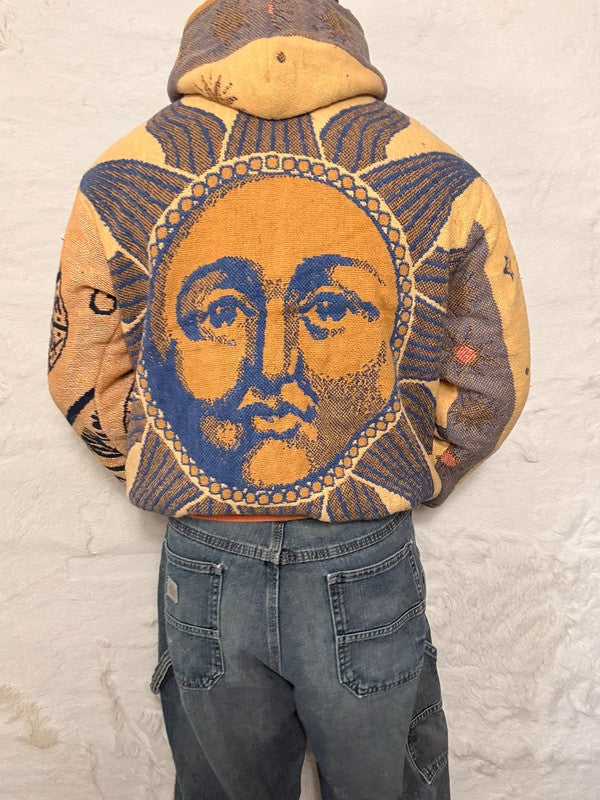 Veste à capuche en tapisserie design unique fait main upcyclé retravaillé et tissé taille XS n•926