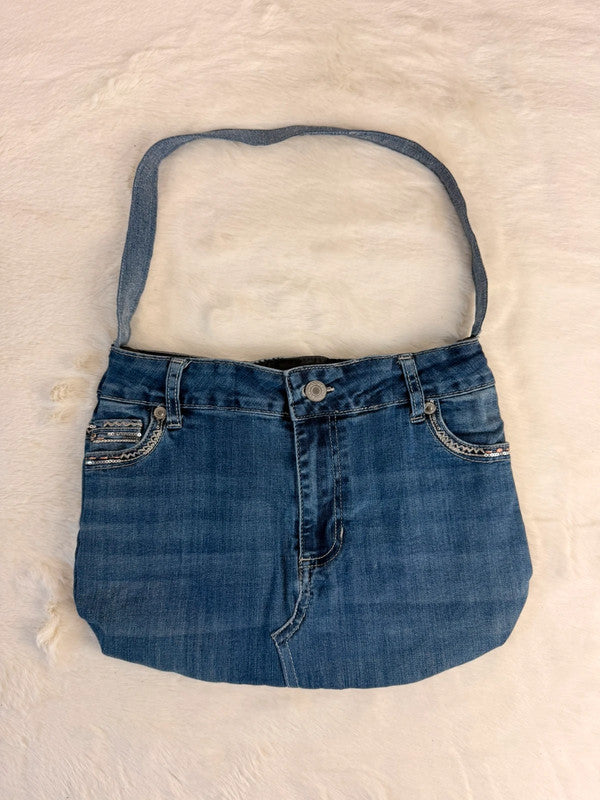 Sac à main en jean design unique fait main upcyclé retravaillé taille unique n•949