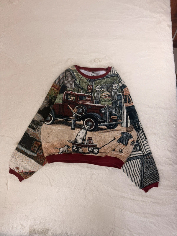 Sweat crewneck en tapisserie ample unisexe unique fait main upcyclé taille XL n•1056