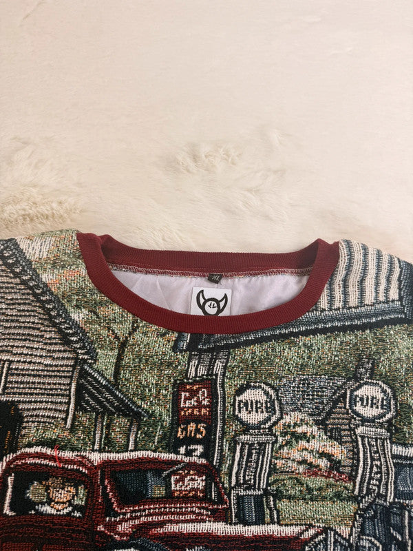 Sweat crewneck en tapisserie ample unisexe unique fait main upcyclé taille XL n•1056