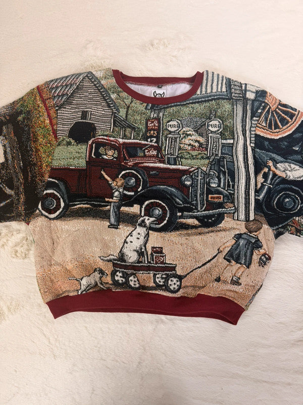 Sweat crewneck en tapisserie ample unisexe unique fait main upcyclé taille XL n•1056