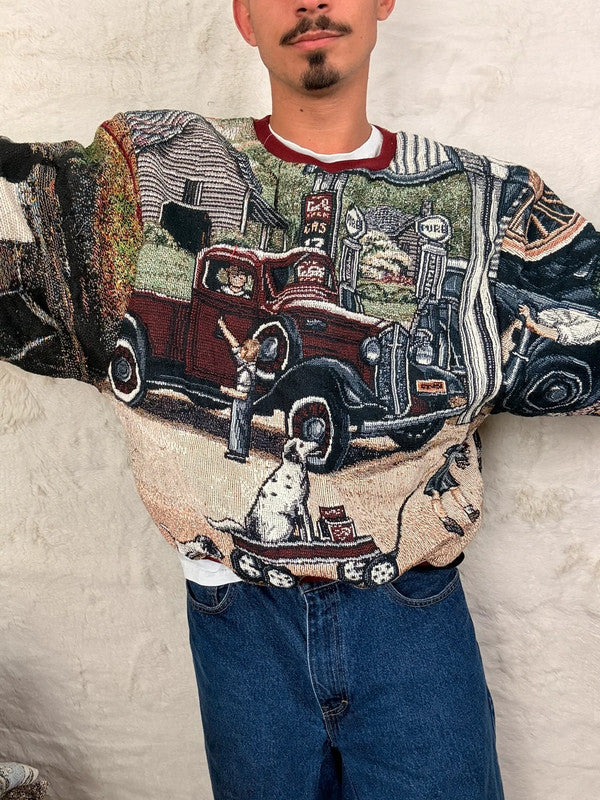 Sweat crewneck en tapisserie ample unisexe unique fait main upcyclé taille XL n•1056