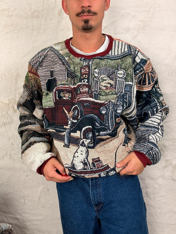 Sweat crewneck en tapisserie ample unisexe unique fait main upcyclé taille XL n•1056