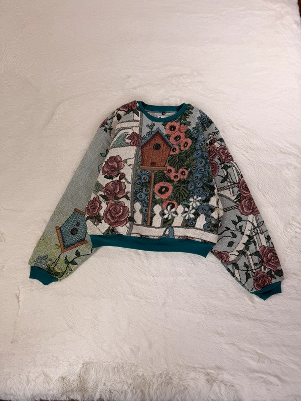 Sweat crewneck en tapisserie ample unisexe unique fait main upcyclé tissé taille XS n•1058