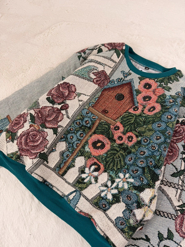 Sweat crewneck en tapisserie ample unisexe unique fait main upcyclé tissé taille XS n•1058