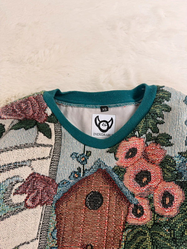 Sweat crewneck en tapisserie ample unisexe unique fait main upcyclé tissé taille XS n•1058