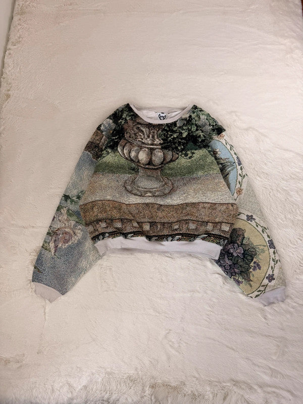 Sweat crewneck en tapisserie ample unisexe unique fait main upcyclé tissé taille XL n•1059