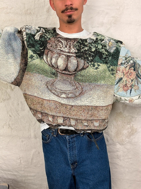 Sweat crewneck en tapisserie ample unisexe unique fait main upcyclé tissé taille XL n•1059